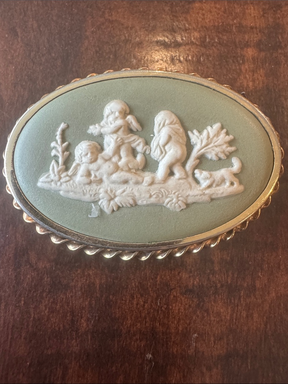 Vintage 1956 Wedgwood Sage Green Jasperware Cameo Brooch Pin